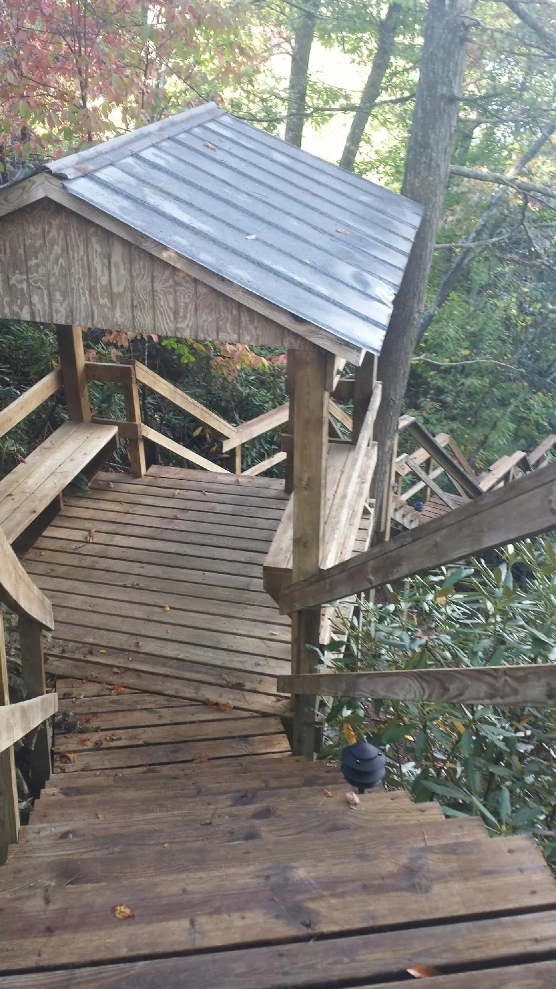 Metal roofed shelter over wooden steps on a wooded walkway — Skylight Repair & Installation work by our crew in Glendale Heights